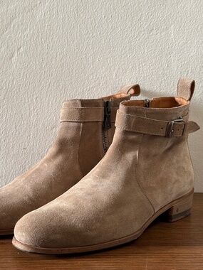 John Varvatos Suede Jodhpur Ankle Boots Men's Size 11 Taupe Side Zip Buckle Boot
